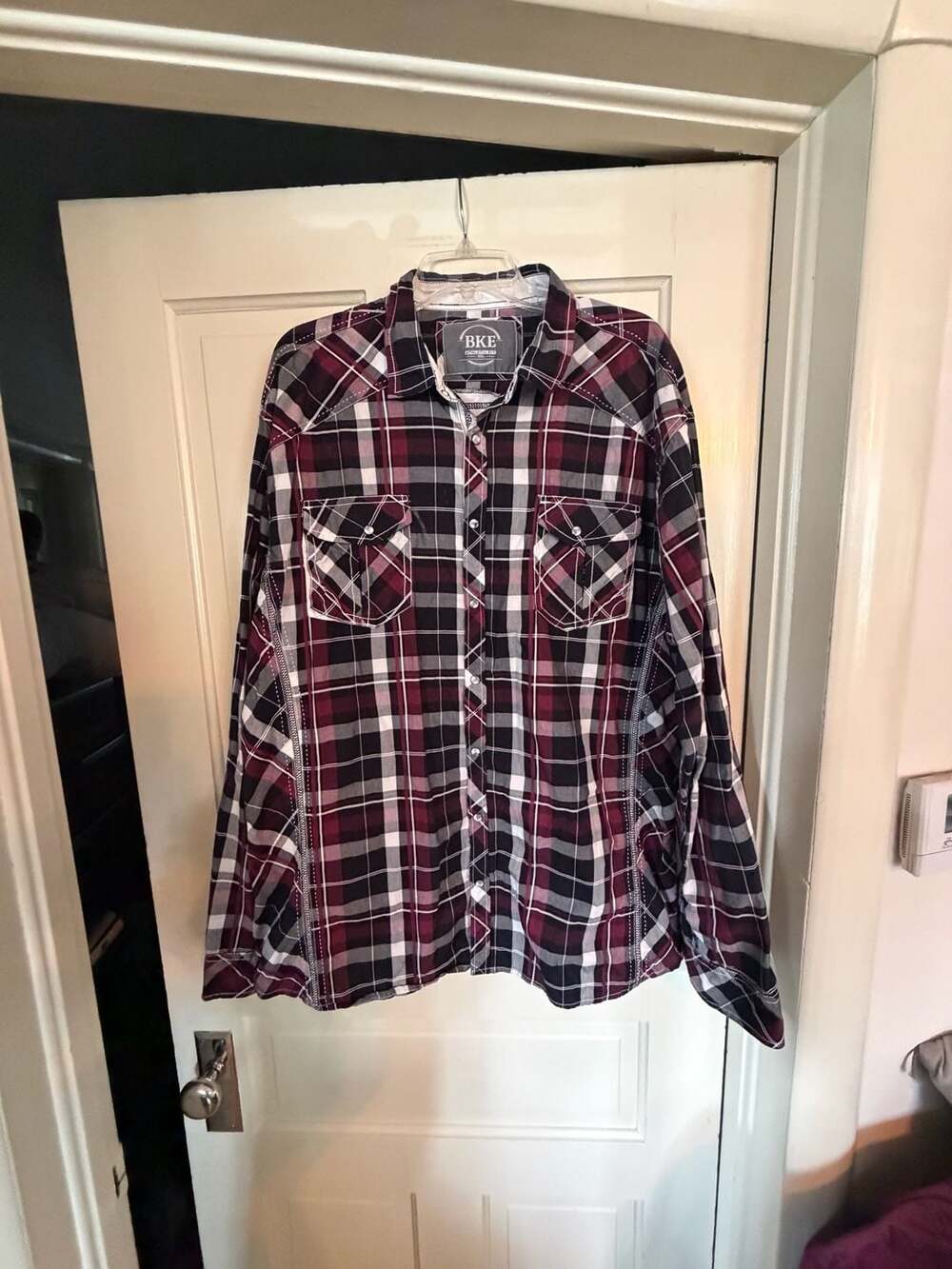 BKE Athletic Fit Plaid Snap Up Long Sleeve Shirt XXL Maroon Black White